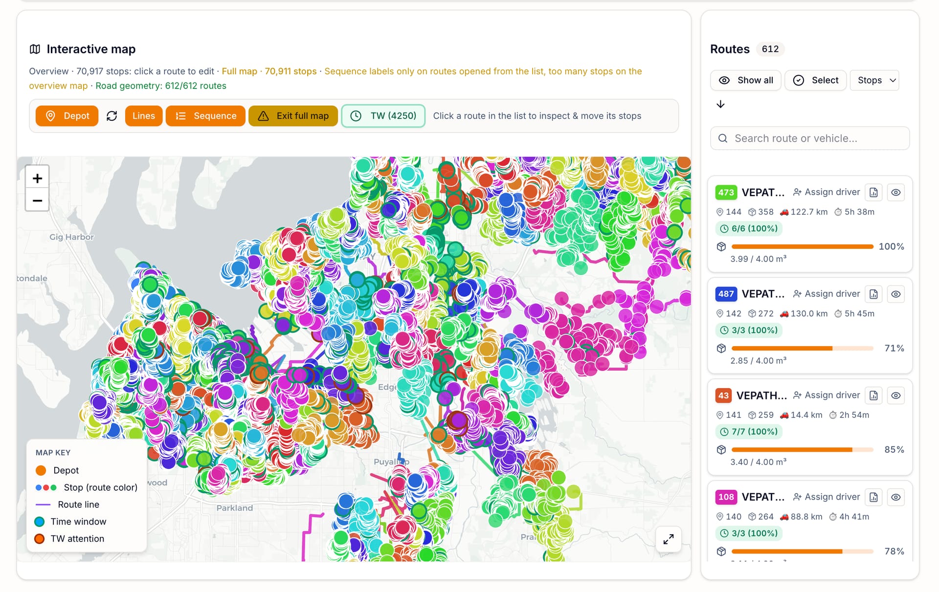 Real capture of a ~70,000-stop plan on the Seattle–Tacoma map, with 612 routes.