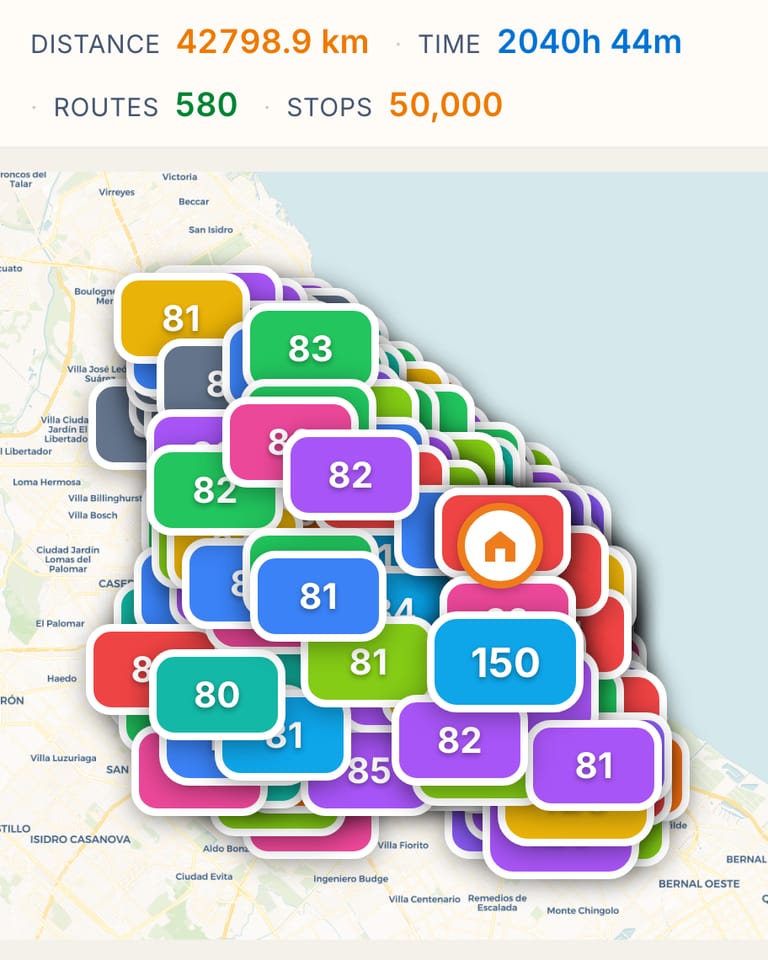 Illustration of a 50,000-stop plan and 580 routes, with each vehicle’s plate on the city.