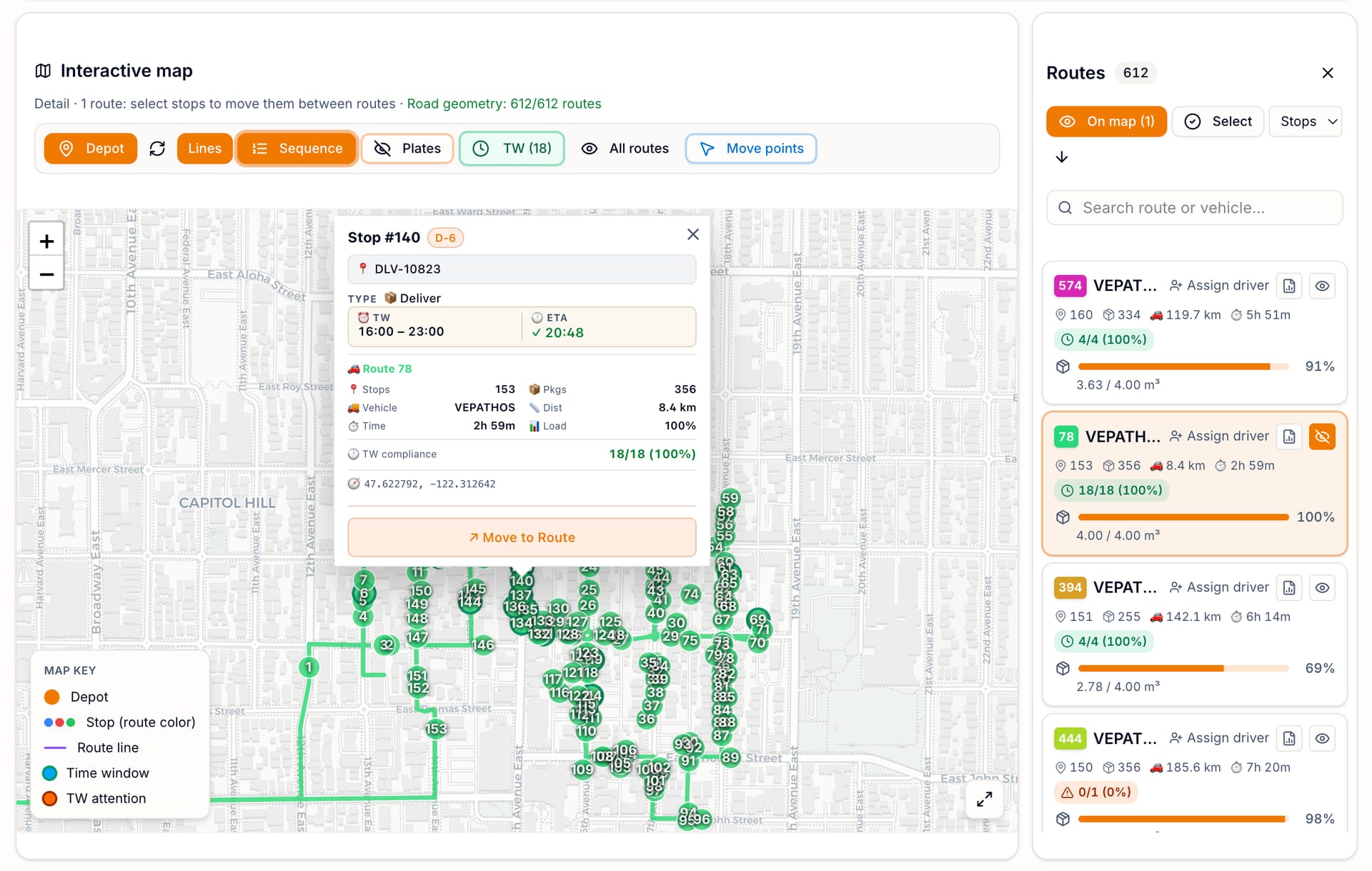 Real capture of a sequenced route in Capitol Hill, Seattle, with visit order on the streets.